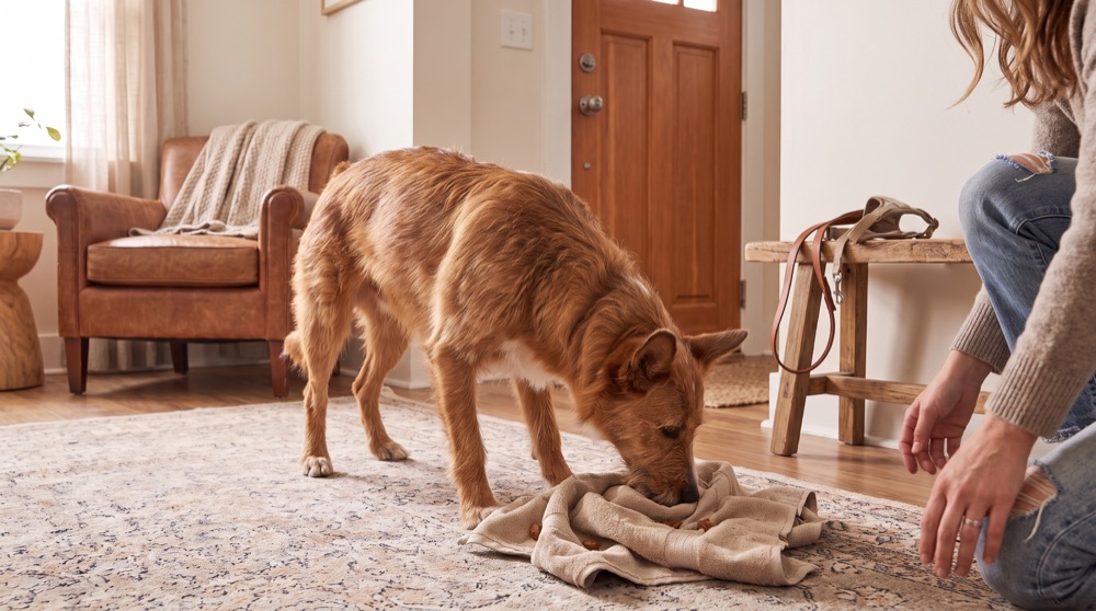 A scruffy tan dog searching a folded towel for hidden treats while its owner kneels beside it on the rug.