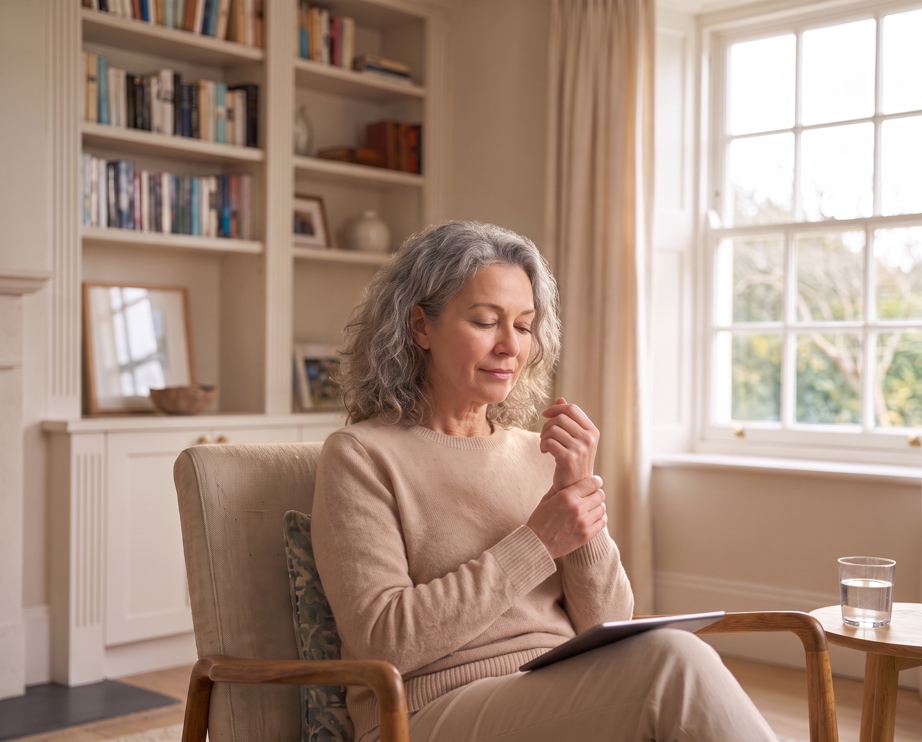 A woman with grey hair sitting in an armchair by a bright window, gently holding her wrist, with a tablet on her lap and a glass of water beside her.